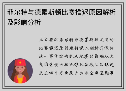 菲尔特与德累斯顿比赛推迟原因解析及影响分析